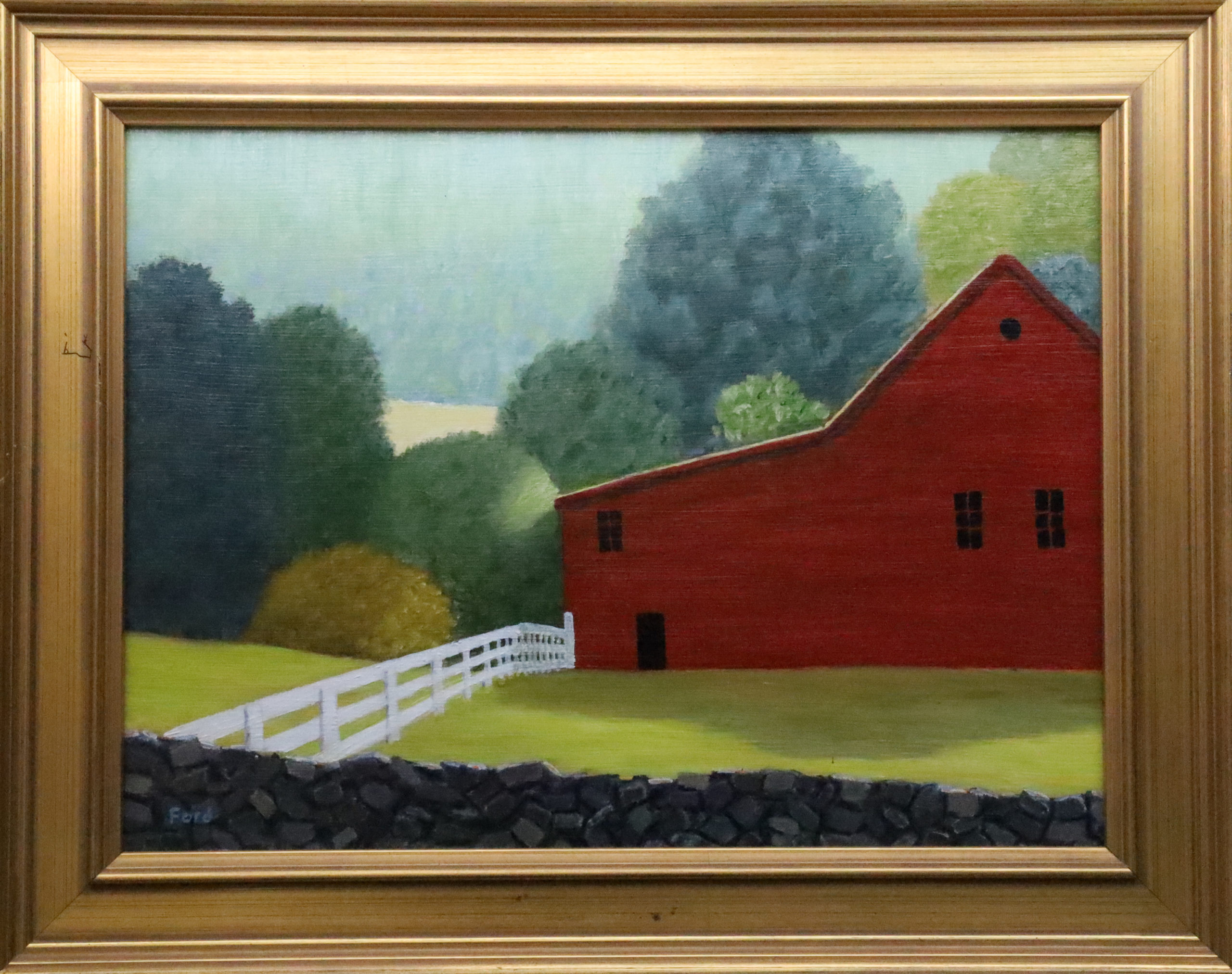 Painting of a Red Barn and a White Fence
